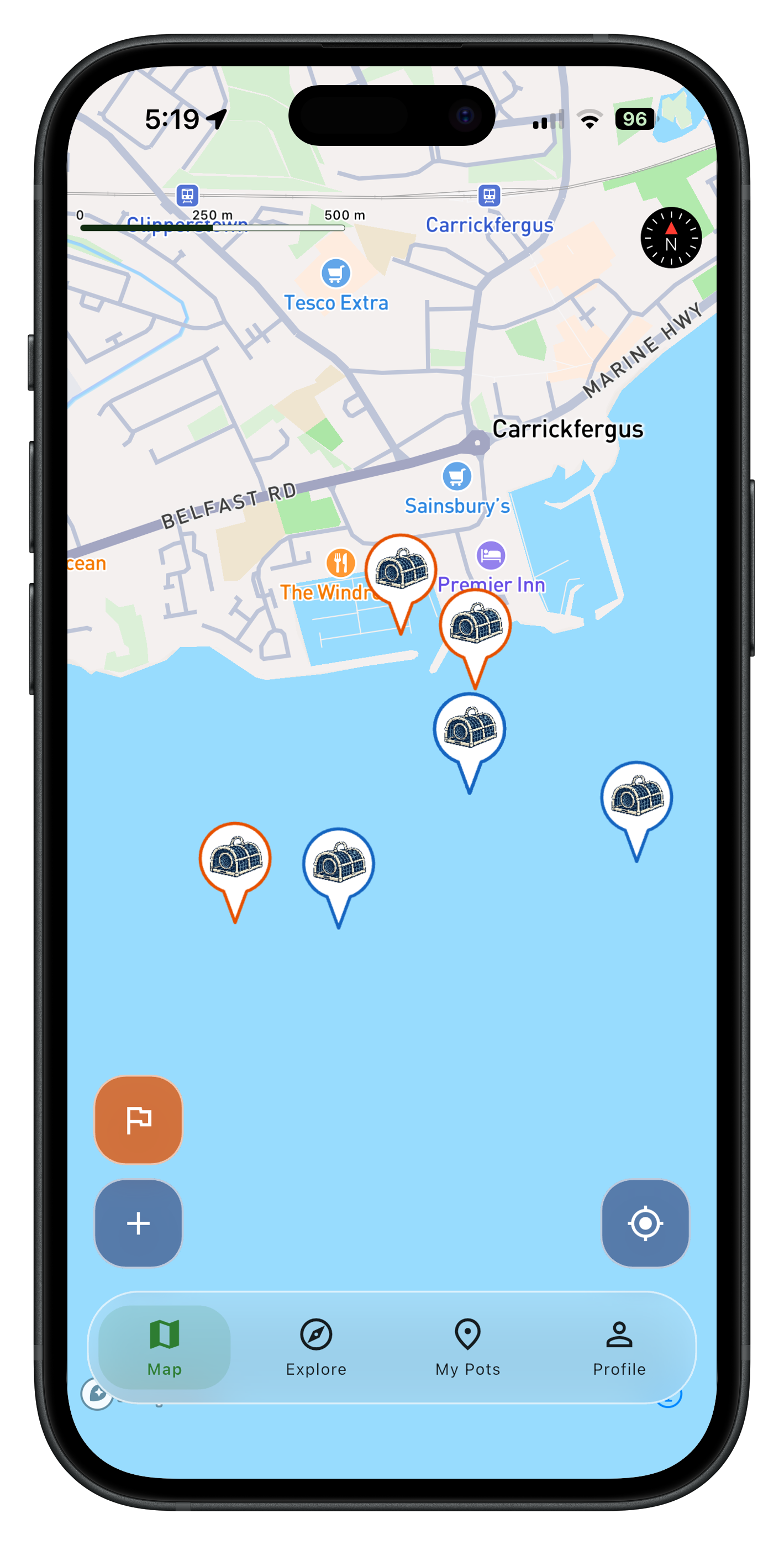 Go Pottie map view showing nearby lobster and crab pot buoys on a nautical chart