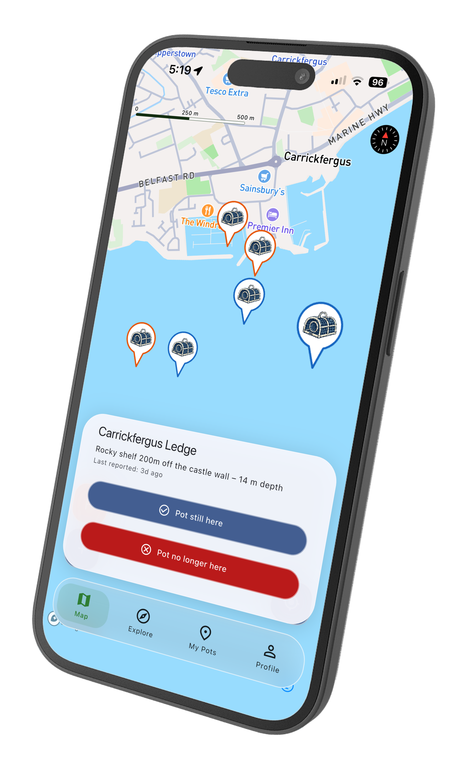 Go Pottie app showing the live pot buoy map on an iPhone
