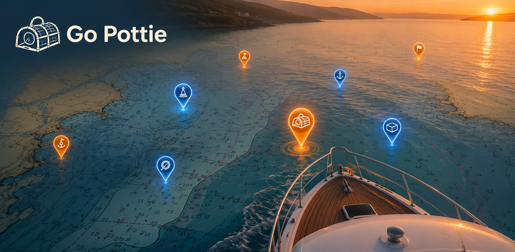 Pot buoys marked on a nautical chart overlaid on coastal water at sunset