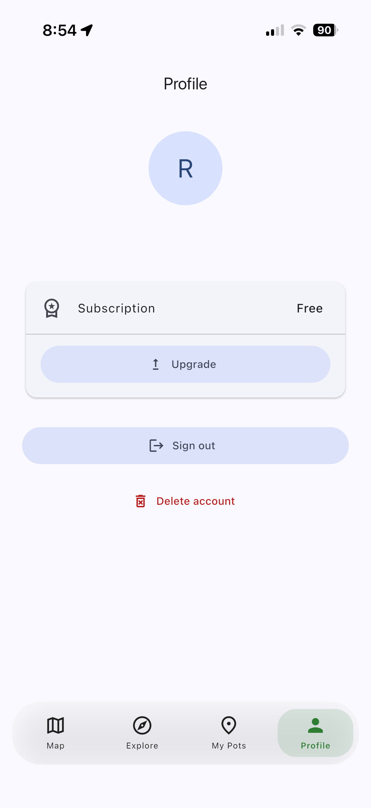 GoPottie Profile screen showing the Delete account option